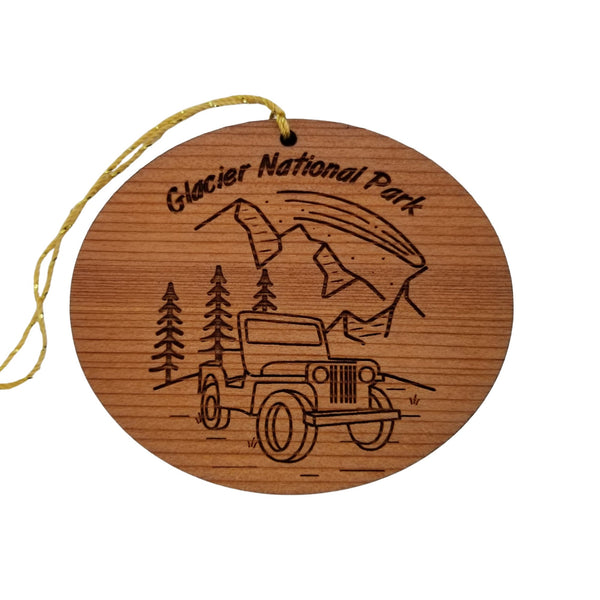 Glacier National Park Ornament - 4 Wheeling SUV Mountains Trees - Handmade Wood - Montana Souvenir Christmas Ornament Travel Gift 3 Inch
