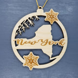 New York Wood Ornament - NY State Shape with Snowflakes Cutout - Handmade Wood Ornament Made in USA Christmas Decor