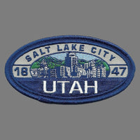 Salt Lake City Utah Patch – SLC UT Skyline – Travel Patch Iron On – UT Souvenir Patch – Embellishment Applique – Travel Gift 4″ Blue Oval