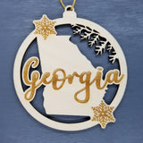 Georgia Ornament - State Shape with Snowflakes Cutout GA Souvenir- Handmade Wood Ornament Made in USA Christmas Decor
