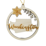 Washington Wood Ornament -  WA State Shape with Snowflakes Cutout - Handmade Made in USA Christmas Decor