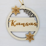 Kansas Ornament - State Shape with Snowflakes Cutout KS Souvenir - Handmade Wood Ornament Made in USA Christmas Decor