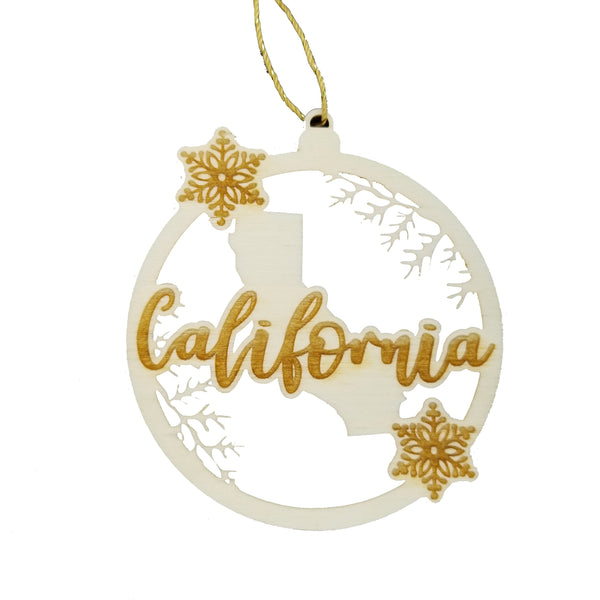 California Wood Ornament -  CA State Shape with Snowflakes Cutout - Handmade Wood Ornament Made in USA Christmas Decor