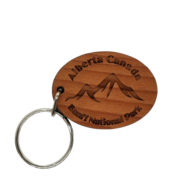 Banff National Park Keychain Alberta Canada Mountains Wood Keyring Souvenir Ski Skiing Skier Snowboard Resort Travel Gift Key Tag Bag