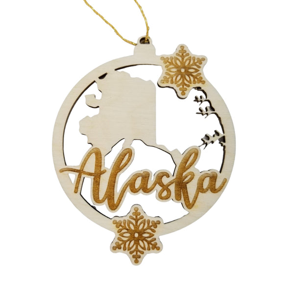 Alaska Wood Ornament -  State Shape with Snowflakes AK Cutout - Handmade Wood Ornament Made in USA Christmas Decor