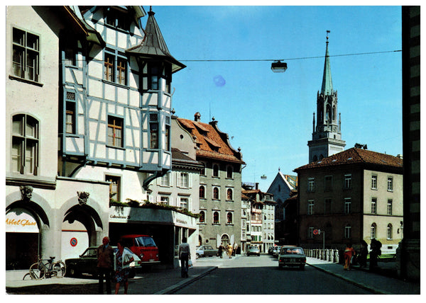 Vintage Switzerland Postcard 4x6 St Gallen Gallusstrasse  Buildings, Street, Cars, Air Tram, People