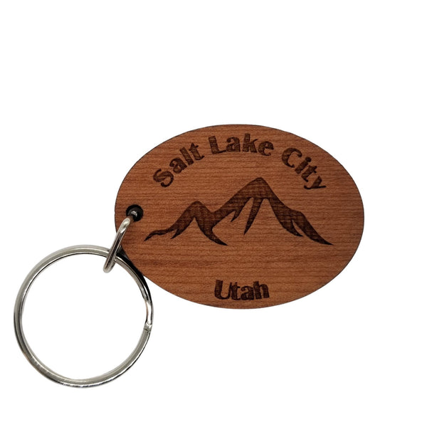 Salt Lake City Keychain Mountains Wood Keyring Utah Souvenir Wasatch Mountains Oquirrh Ski Skiing Skier Resort Active Key Tag Bag