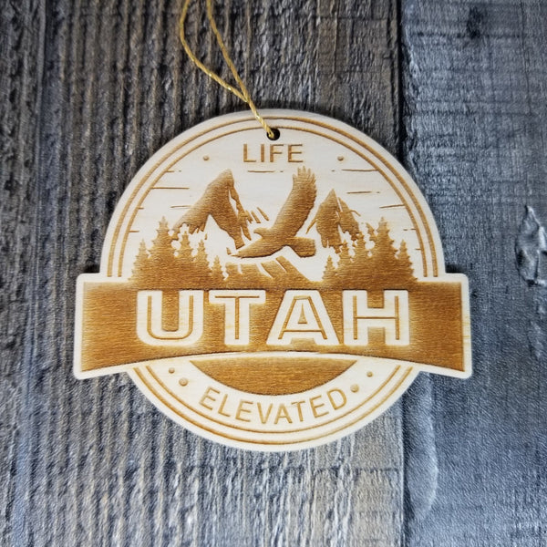 Utah Wood Ornament -  UT Life Elevated - Eagle Flying Mountains and Trees Handmade Made in USA Christmas Decor Travel Gift Souvenir