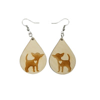 Wood Earrings - Chihuahua Dog with Heart Engraved Teardrop Wood Earrings - Dangle Earrings - Gift