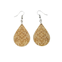 Wood Earrings - Floral Mandala Engraved Teardrop Wood Earrings - Dangle Earrings - Mandala Floral Pattern Gift