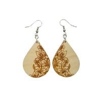 Wood Earrings - Floral Engraved Teardrop Wood Earrings - Dangle Earrings - Gift - Drop Earrings Lightweight