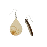 Wood Earrings - Flower Floral Engraved Teardrop Wood Earrings - Dangle Earrings - Gift - Drop Earrings Lightweight