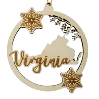 Virginia Wood Ornament -  VA State Shape with Snowflakes Cutout - Handmade Wood Ornament Made in USA Christmas Decor