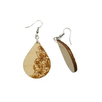 Wood Earrings - Floral Engraved Teardrop Wood Earrings - Dangle Earrings - Gift - Drop Earrings Lightweight