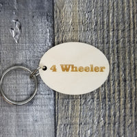 4 Wheeler Wood Keychain Key Ring Keychain Gift - Key Chain Key Tag Key Ring Key Fob - 4 Wheeler Text Key Marker