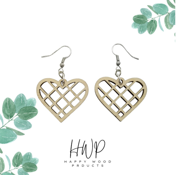 Wood Earrings - Heart Shape Cutout with Criss Cross Lines Lightweight Earrings Heart Shaped - Dangle Earrings Drop Earrings - Gift