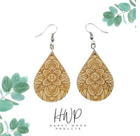 Wood Earrings - Floral Mandala Engraved Teardrop Wood Earrings - Dangle Earrings - Mandala Floral Pattern Gift