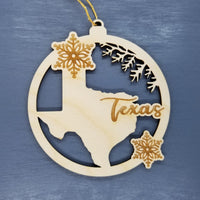 Texas Wood Ornament -  TX State Shape with Snowflakes Cutout - Handmade Wood Ornament Made in USA Christmas Decor