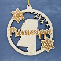 Mississippi Wood Ornament -  MS State Shape with Snowflakes Cutout - Handmade Wood Ornament Made in USA Christmas Decor
