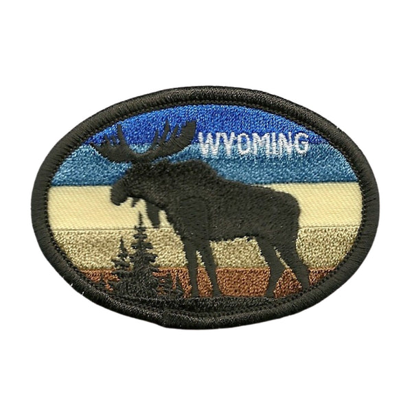 Wyoming Patch – WY Moose and Trees - Travel Patch Iron On – Souvenir Patch – Embellishment Applique – Travel Gift 3" Retro Sunset