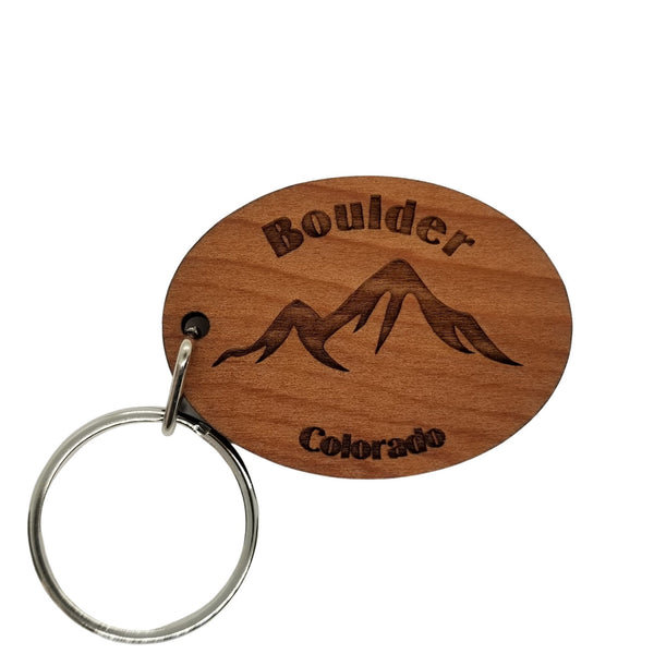 Boulder Colorado Keychain Mountains Wood Keyring CO Souvenir Resort Ski Skiing Skier Snowboarding Snowmobiling Travel Key Tag Bag