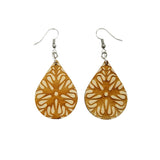 Wood Earrings - Flower Floral Mandala Engraved Teardrop Wood Earrings - Dangle Earrings - Gift