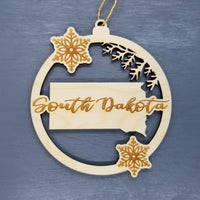 South Dakota Wood Ornament -  SD State Shape with Snowflakes Cutout - Handmade Wood Ornament Made in USA Christmas Decor
