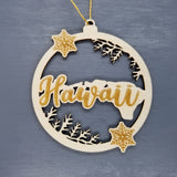 Hawaii Wood Ornament - HI State Shape with Snowflakes Cutout - Handmade Wood Ornament Made in USA Christmas Decor