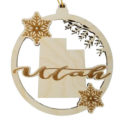 Utah Wood Ornament -  State Shape with Snowflakes UT Cutout - Handmade in USA Souvenir - 15409