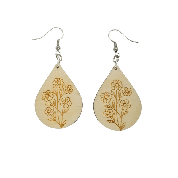 Wood Earrings - Floral 5 Flowers Engraved Teardrop Wood Earrings - Dangle Earrings - Gift