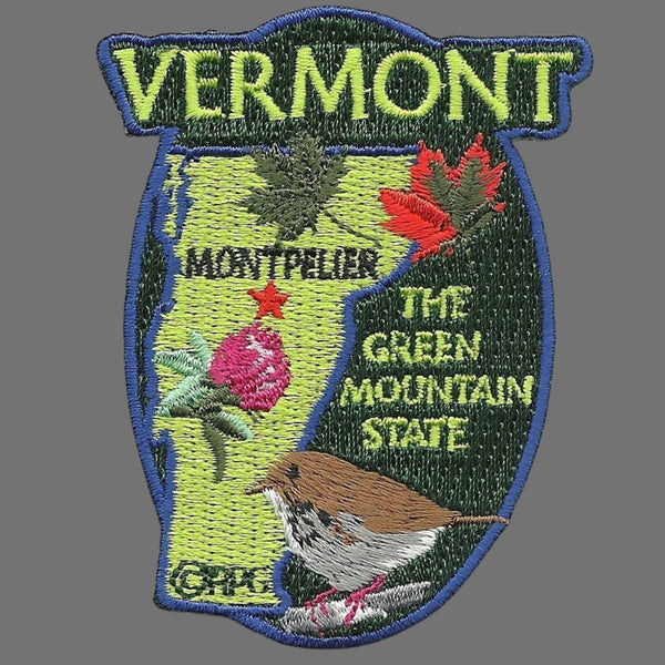 Vermont State Travel Patch VT Souvenir Iron On Embellishment or Applique 3" The Green Mountain State Maple Leaves Hermit Thrush Red Clover