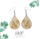 Wood Earrings - Black Eyed Susan Floral Flower Engraved Teardrop Wood Earrings - Dangle Earrings - Gift