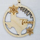 Texas Wood Ornament -  TX State Shape with Snowflakes Cutout - Handmade Wood Ornament Made in USA Christmas Decor