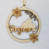 Virginia Wood Ornament -  VA State Shape with Snowflakes Cutout - Handmade Wood Ornament Made in USA Christmas Decor