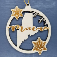 Maine Wood Ornament -  State Shape with Snowflakes Cutout ME - Handmade Wood Ornament Made in USA Christmas Decor