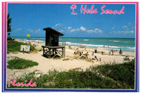 Vintage Florida Postcard 4x6 Hobe sound FL Scenic Florida Distributors 1980s Werner Bertsch Lifeguard Shack Beach People Pink Purple Border