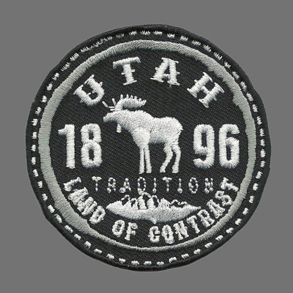 Utah Patch – Land of Contrast UT Souvenir Travel Patch - Black and White Moose Applique 2.5" Iron On Circle Emblem Badge