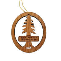 California Redwoods Ornament Handmade Wood Souvenir Made in USA Travel Gift 3" Tree With Sign Christmas Memento