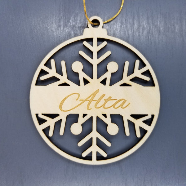 Alta Ornament Handmade Wood Ornament Utah Souvenir UT Mountain Resort Ski Skiing Skier Gift Snowflake