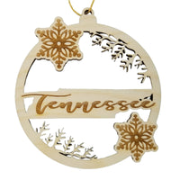 Tennessee Wood Ornament -  TN State Shape with Snowflakes Cutout - Handmade Wood Ornament Made in USA Christmas Decor