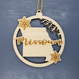 Missouri Wood Ornament -  MO State Shape with Snowflakes Cutout - Handmade Wood Ornament Made in USA Christmas Decor