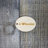 4 Wheeler Wood Keychain Key Ring Keychain Gift - Key Chain Key Tag Key Ring Key Fob - 4 Wheeler Text Key Marker