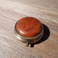 Pill Box 3 Sections Handmade Redwood Top California Burl Souvenir Memento One of a Kind Gift Antique Bronze #414
