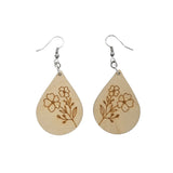 Wood Earrings - Floral 2 Flowers with Buds Engraved Teardrop Wood Earrings - Dangle Earrings - Gift