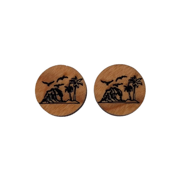 Beach Scene Earrings - Cherry Wood Earrings - Stud Earrings - Post Earrings Coastal Ocean Waves Palm Trees Birds