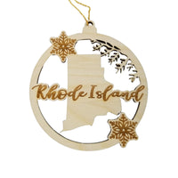 Rhode Island Wood Ornament -  State Shape with Snowflakes Cutout RI - Handmade Wood Ornament Made in USA Christmas Decor