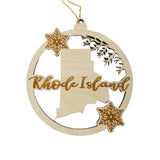 Rhode Island Wood Ornament -  State Shape with Snowflakes Cutout RI - Handmade Wood Ornament Made in USA Christmas Decor