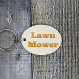 Lawn Mower Wood Keychain Key Ring Keychain Gift - Key Chain Key Tag Key Ring Key Fob - Lawn Mower Text Key Marker