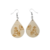 Wood Earrings - Black Eyed Susan Floral Flower Engraved Teardrop Wood Earrings - Dangle Earrings - Gift