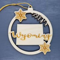 Wyoming Ornament - State Shape with Snowflakes Cutout WY - Handmade Wood Ornament Made in USA Christmas Decor